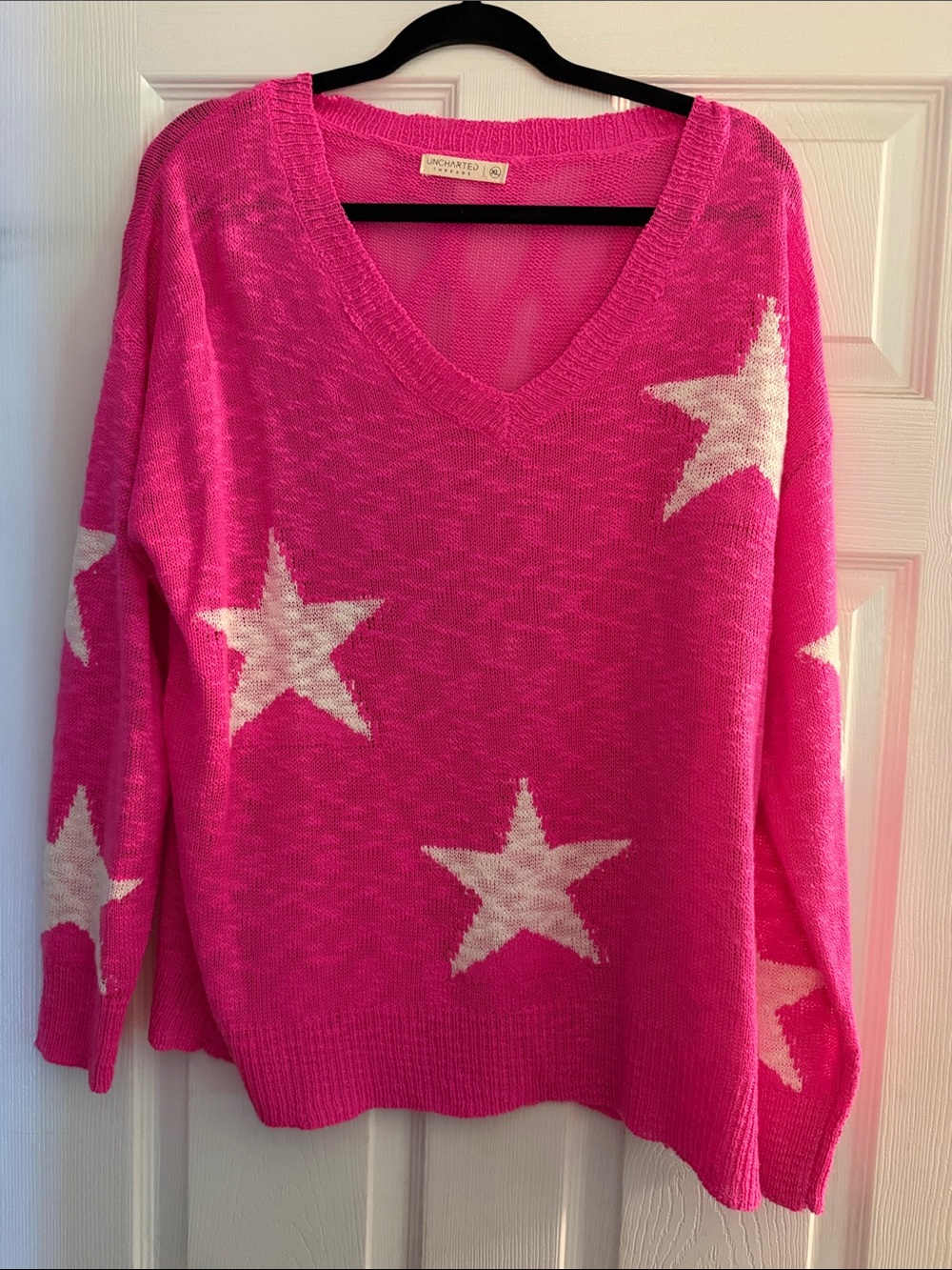 Bright Pink V-Neck Star Knit Sweater